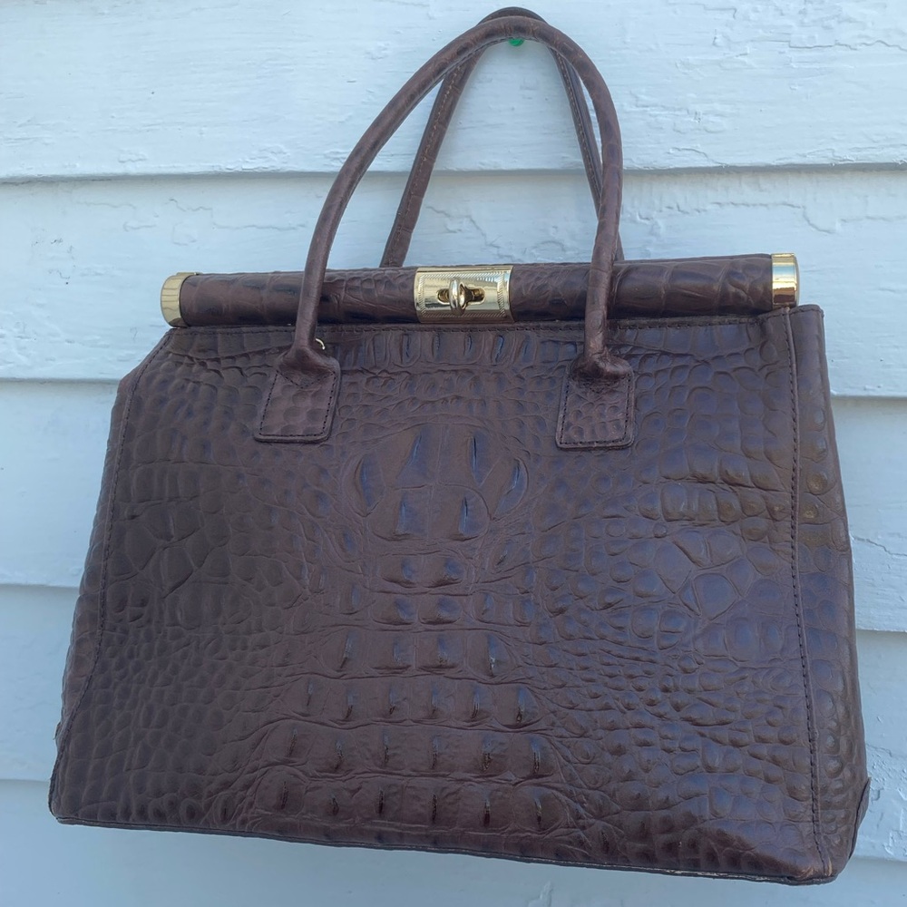 Vera Pelle Brown Crocodile-Embossed Leather Handbag Satchel